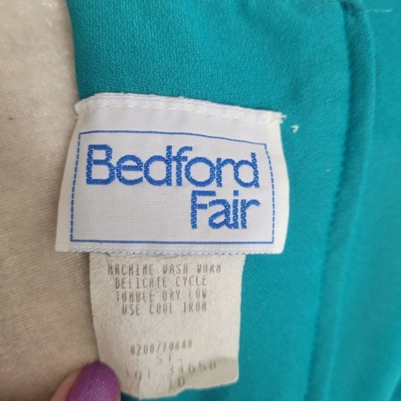 VINTAGE 90s dress teal long sleeve pleated midi M - Picture 5 of 10